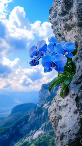 山崖缝隙蓝色兰花