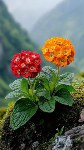 红橙球状报春花绿叶背景