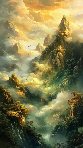 云海中的壮丽山峰全景