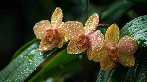 秋晨绿叶上的兰花露珠