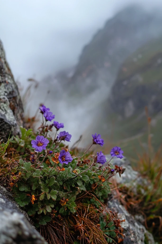 山间雾中紫色花朵