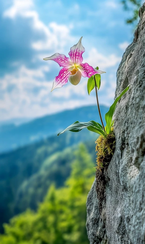 悬崖缝隙中的兰花与苔藓