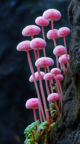 荧光蘑菇与粉色花群