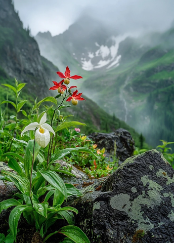 白女士拖鞋花与红兰花