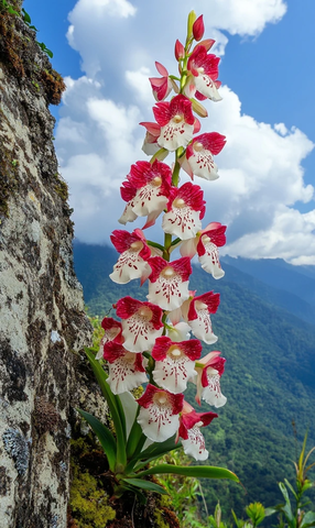 悬崖石缝红白石斛兰