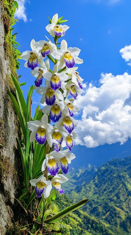 悬崖石缝中的大朵石斛花