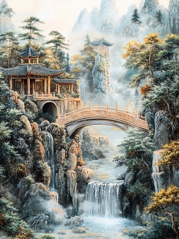 山林间中式楼阁与石桥的优美景致