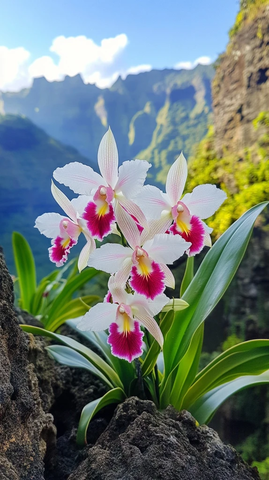 红色白色兰花岩石缝隙绽放