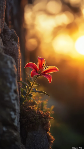 古堡墙边盛开的红色百合