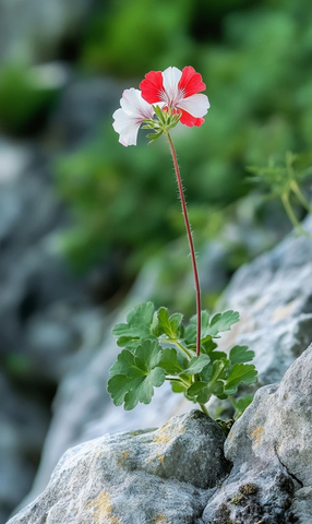 山顶岩缝红白天竺葵绽放