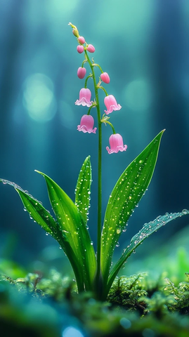 粉色铃兰花露珠绿叶