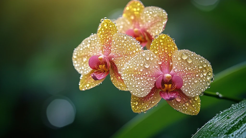 秋晨绿叶上的兰花露珠