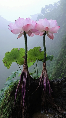 紫根绿叶粉瓣巨型莲花