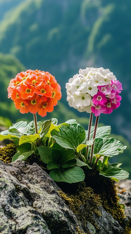 橙白球状报春花绿叶背景