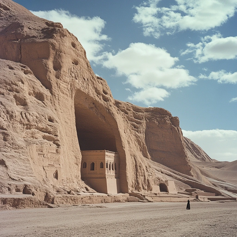沙漠中刻在山体上的古老建筑