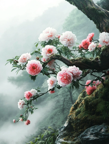 山间雾气牡丹盛开