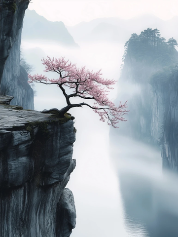 晨雾河流悬崖松柏樱树