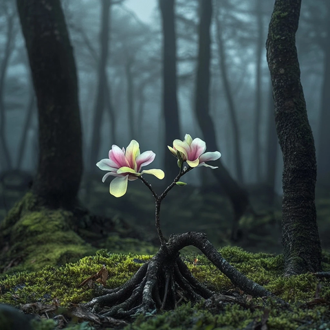 孤立木兰花四色花瓣发光