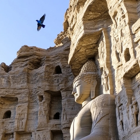 石窟佛像近景及飞鸟掠过的画面