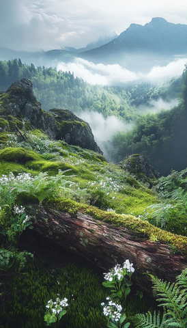雾中山坡绿草青苔古木