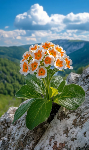 山巅球形报春花绿叶蓝天