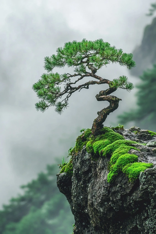 悬崖松树下绿苔藓