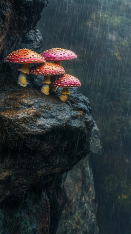 彩色蘑菇悬崖雨景