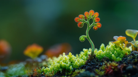植物发芽卷曲在苔藓土壤中