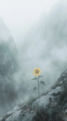 雾中山谷中的孤寂向日葵