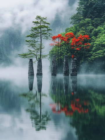 绿树红花水面石柱倒影