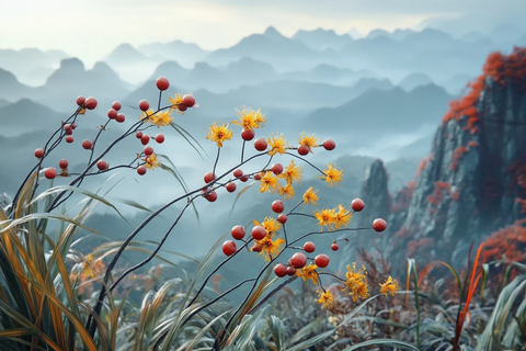 黄花红果草本植物特写