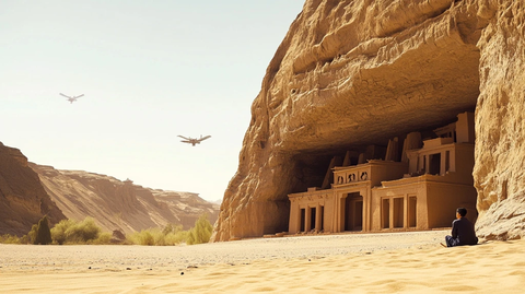 沙漠中独坐仰望飞机的人及岩壁建筑