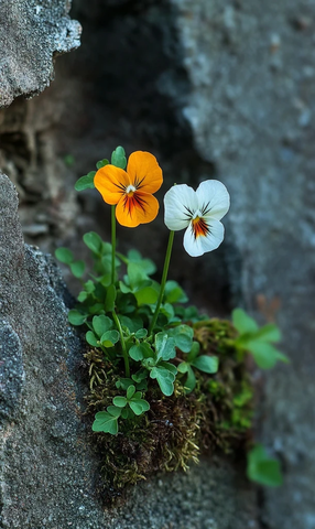 墙缝中的橙白堇菜与苔藓