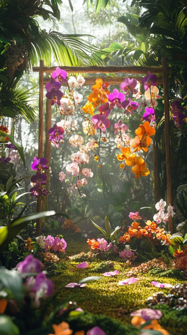 热带兰花园木架挂满兰花