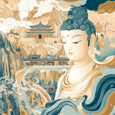 大佛与古建筑的山水画卷