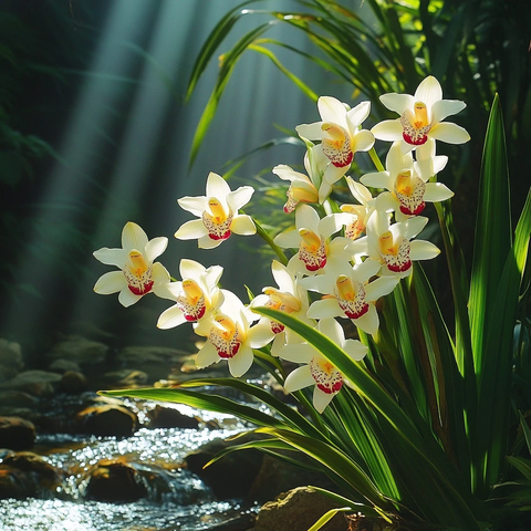 溪边兰花白瓣红点黄蕊