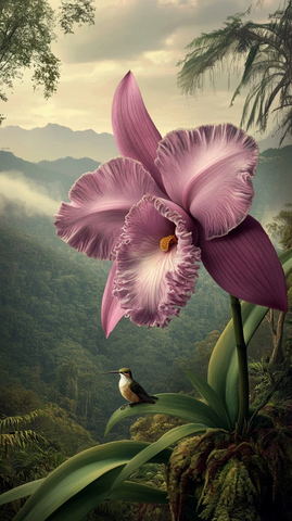 粉色兰花与蜂鸟森林景观