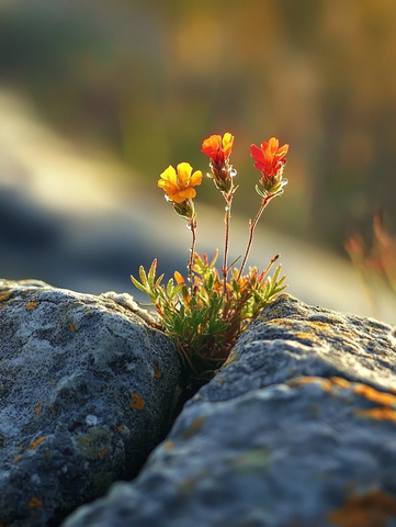 秋日石缝野花晨露