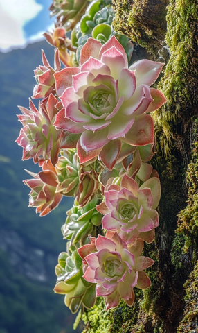 粉色白边花串挂墙绿叶青山映衬