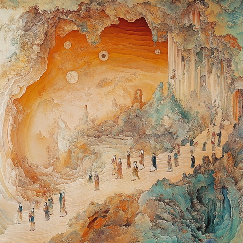 奇幻山洞中行走的人群