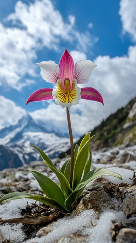 雪后阳光下的稀有兰花