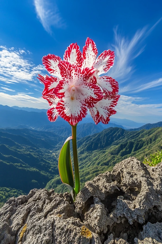 红白球状花与山脉背景