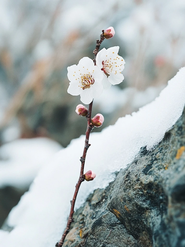 梅花盛开于雪石之间
