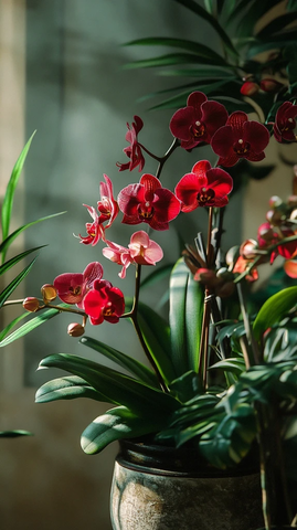 绿叶红花香槟色花盆