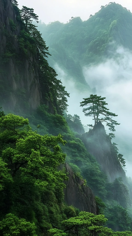 山峰轻风薄雾森林