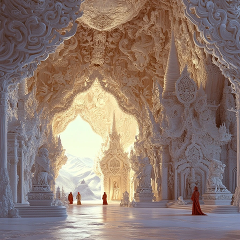 雕刻精美的室内建筑及红衣人物景象