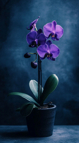 紫罗兰盆栽黑色花盆丛林背景