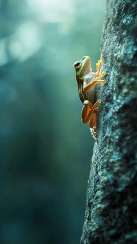 孤独青蛙攀爬森林高处