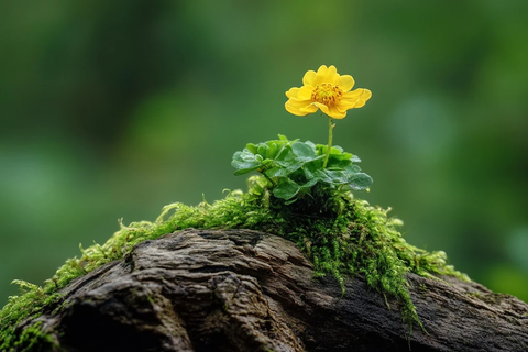 黄花木上生长绿背景映衬