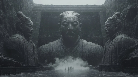 巨大石像群像神秘氛围笼罩的壮观场景